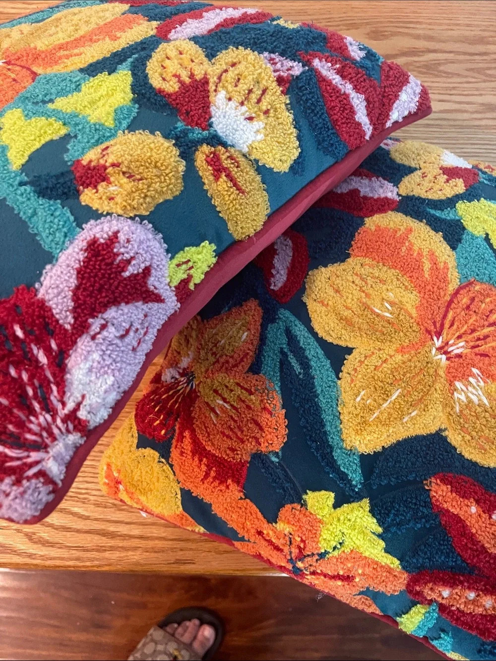 Textured Floral Accent Pillow - Orange, Yellow & Green